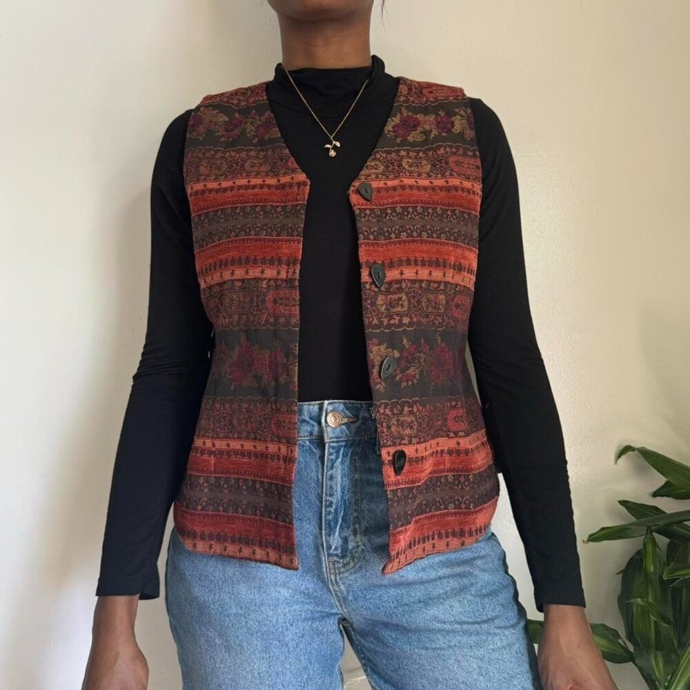 Vintage Indie‎ V-neck button down Floral sleeveless waistcoat vest